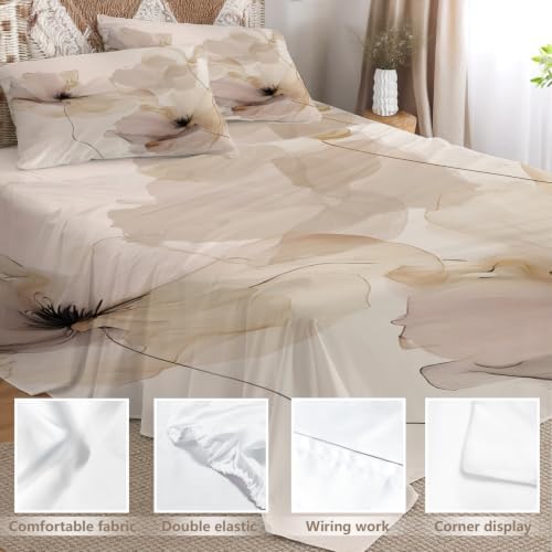 Floral Fluid Lines Artwork Queen Sheet Set, Delicate Petal Depiction