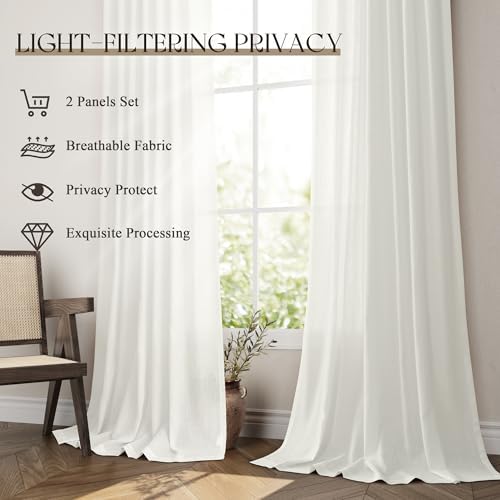 Jowels Ivory Linen Curtains 108 Inch Long 2 Panels for Living Room