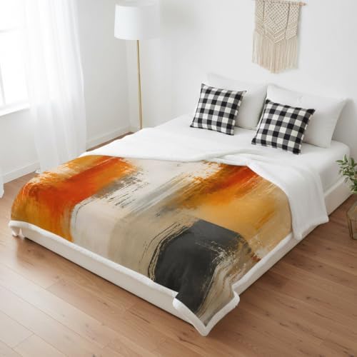 Fleece Sherpa Bed Blankets, Orange Beige Gray Microfiber Plush Flannel