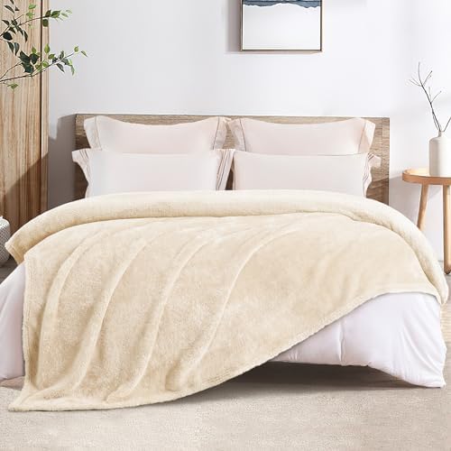 Whale Flotilla Plush Blanket for Bed King Size, Light Champagne
