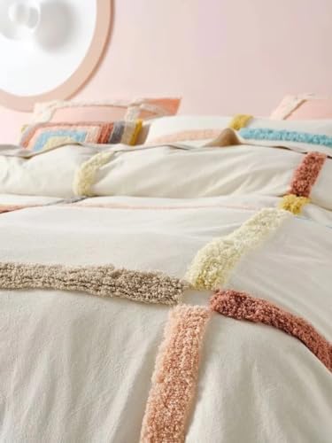 Ivory Boho Duvet Cover Queen Size, Tufted Bedding Set for All Seasons