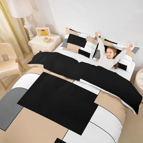 Homewish Black White Khaki Duvet Cover Set King Size,Modern Geometric