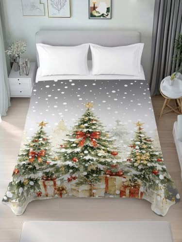 Cal King Size Flat Sheet Only, Christmas Tree on Gray Bed Top Sheet