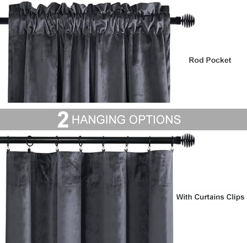 JIUZHEN Dark Grey Velvet Blackout Curtains 52W x 120L 2 Panels