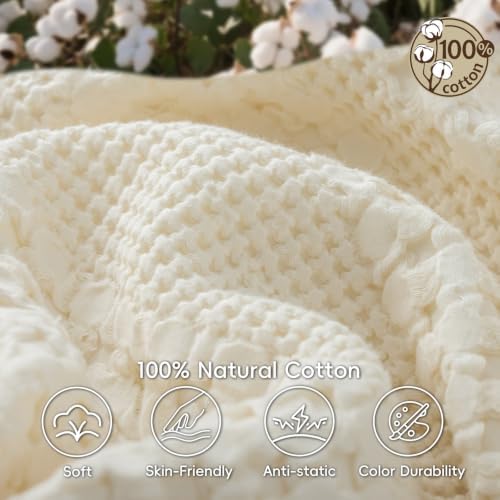 PHF Lightweight 100% Cotton Waffle Blanket for Bed, Queen, Ivory