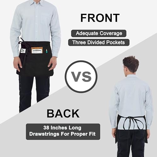 PLOYMONO 6P Black Server Aprons with 3 Pockets, Half Waist Waitress