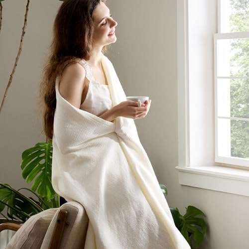 Bedsure 100% Cotton Blanket, Herringbone Weave, Throw XL, Cream