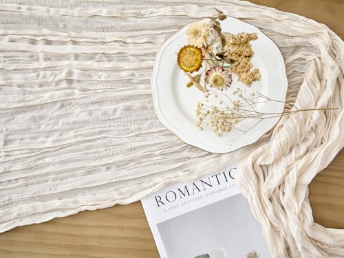 YATOJUZI Ivory Cheesecloth Table Runner Seasonal Neutral Ivory Gauze