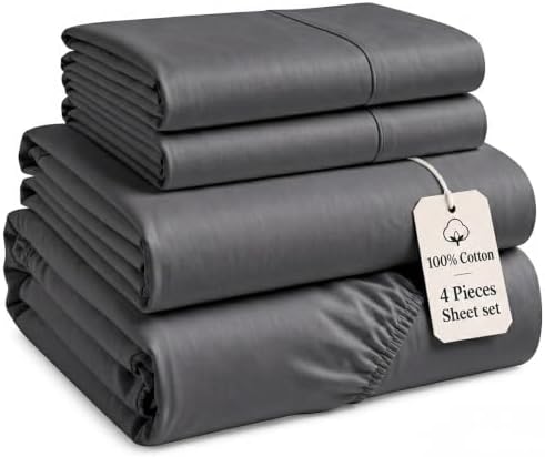 Luxury 4Pc King Size Sheets Set, 100% Cotton Sateen (Charcoal Grey)