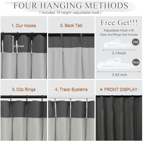 YZ HOME Grey Linen 100% Blackout Pinch Pleated Curtains 108 Inches