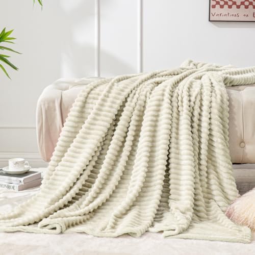 BEDELITE Ribbed Jacquard Beige Fleece Throw Blanket for Couch, 50x70