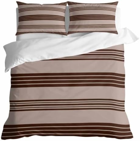 Duvet Cover King Size 3 Piece Bedding Set, Brown and Beige Stripe Soft