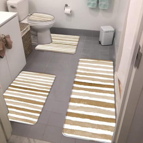 Brown and White Striped 4pcs Bath Mat Abstract Geometric