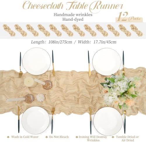 12 Packs Beige Table Runner, Charming Cheesecloth Table Runner 17 x