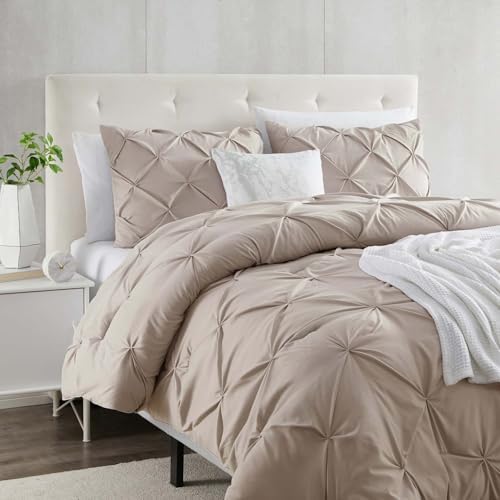 Clara Clark Taupe Duvet Cover King Size 3 Piece Pintuck Comforter