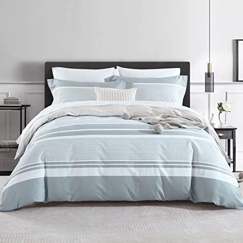 CozyDH Grey White Duvet Cover Set King Size, Modern Striped, 100%