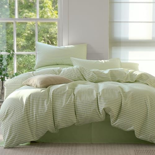JELLYMONI 100% Cotton Printed Striped Cal King Duvet Cover Set, Sage