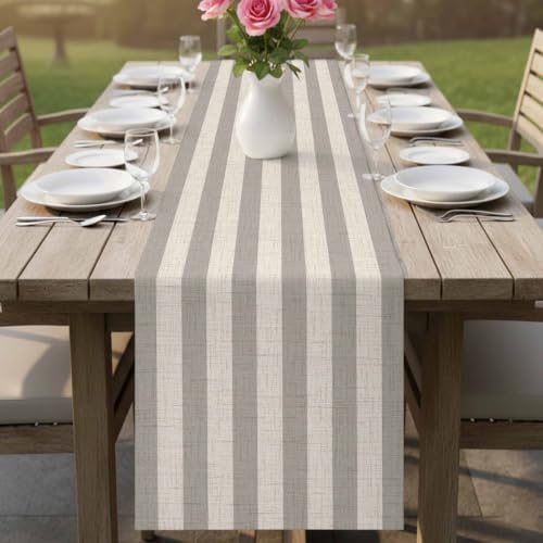Gray Beige Striped Table Runners 90 Inches Long, Modern Burlap Texture