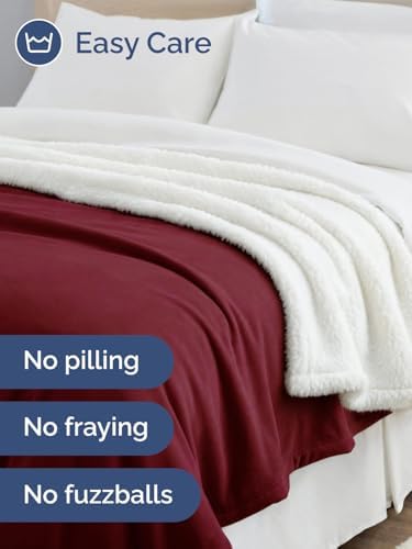 Sherpa Fleece Blanket Throw XL - Reversible Blanket - Burgundy, 50" x