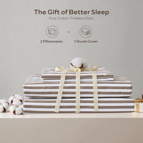 JELLYMONI 100% Cotton Printed Striped Queen Duvet Cover Set, Tan