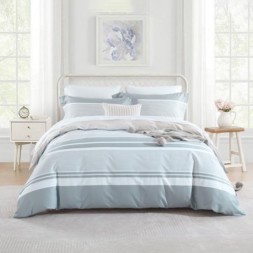 Striped Cotton King Duvet Cover 104"x90" – Light Grey White, 3 Piece