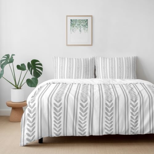 Full Duvet Cover Set 4 Piece, Modern Rustic Boho Leaves Stripe Soft