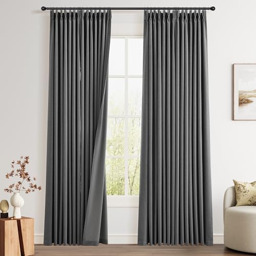 Joywell 100% Blackout Linen Pinch Pleated Curtains 84 Inch Long Dark