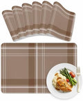 Placemats Set of 6, Minimalist Taupe Brown Plaid Faux Leather Placemat