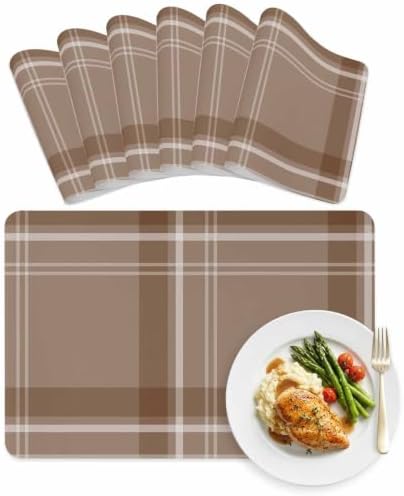 Placemats Set of 6, Minimalist Taupe Brown Plaid Faux Leather Placemat