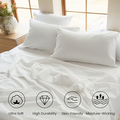 BISELINA 100% Washed Cotton Sheet Set Full Size 4 Pieces Soft
