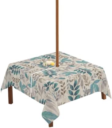 Watercolor Gray Teal Leaves Foliage Outdoor Square Tablecloth with