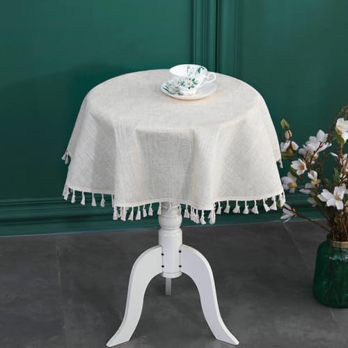 Beydodo Table Cloth Cover Round 70 inch, Linen Look with Tassels
