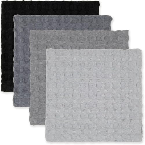 12 Pack Gray and Black Waffle Weave Dishcloths, 3 Sets of 4 Reusable