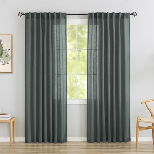 Charcoal Grey Linen Back Tab Curtains 84 Inch Length for Living Room