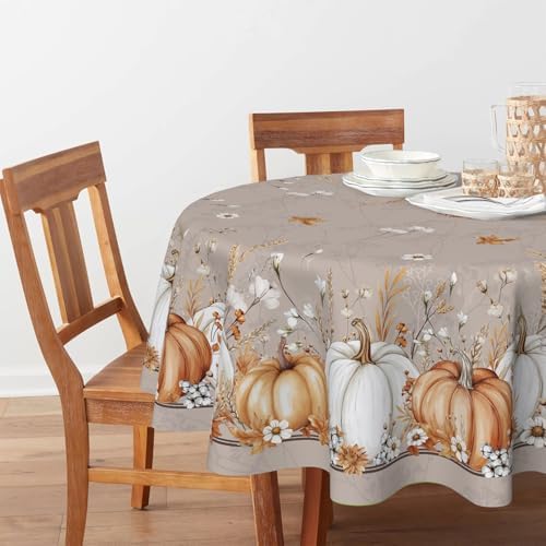 Horaldaily Fall Tablecloth 90 x 90 Inch Round White Orange Pumpkin