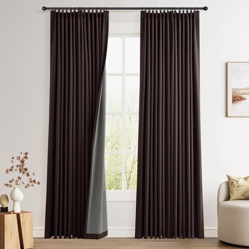 Joywell 100% Blackout Linen Pinch Pleated Curtains 96 in Long Coffee