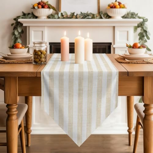 Table Runner 108 Inches Long, Beige Striped Table Runners for Dining