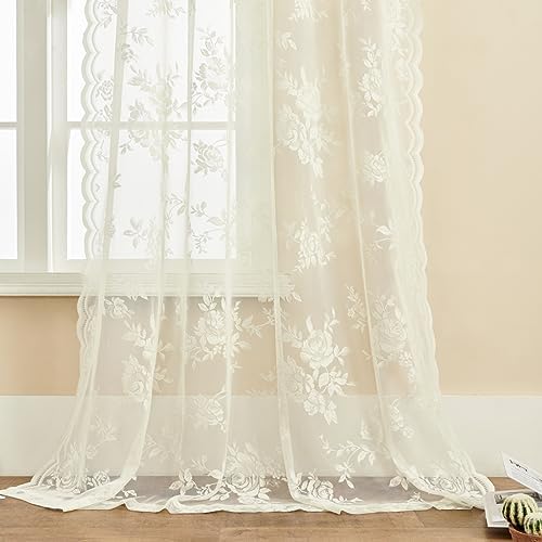 Ivory Lace Sheer Curtains 96 Inches Long 2 Panels Victorian Floral for