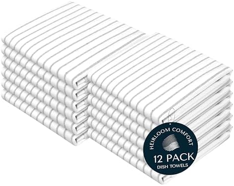 Ash Grey Striped Dish Towels 12 Pack, Ultra Absorbent, Classic Stripe