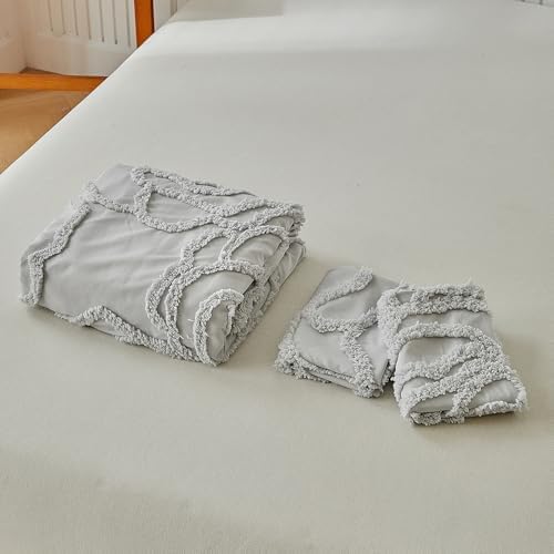 Tufted Boho Duvet Cover Set 3 Pieces, Gray Jacquard Embroidery