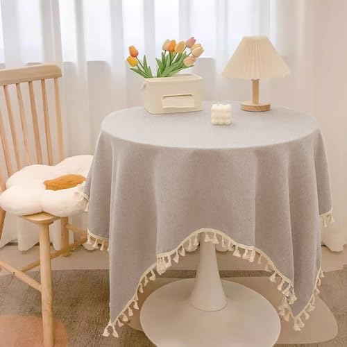 Large Round Table Cloth 94 inch, Oatmeal Linen Look with Tassels