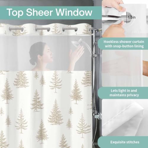 No Hook Shower Curtains with Snap in Liner, Beige Christmas Tree