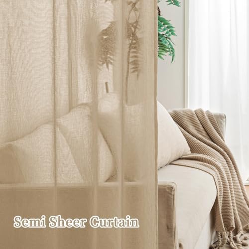 MIULEE Beige Khaki Sheer Curtains Linen Textured Panels 54X84 Inches