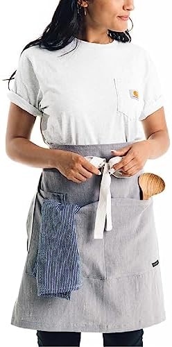 Caldo Linen Bistro Cafe Apron - Professional Grade with Pockets, Half
