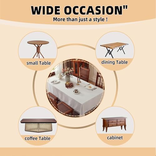 Round Fringed Tablecloth, Beige Linen-Look PVC - Waterproof Oilproof