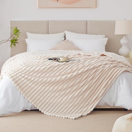 EXQ Home Beige Cozy Fleece King Blanket Stripe for Bed, Sofa & Travel