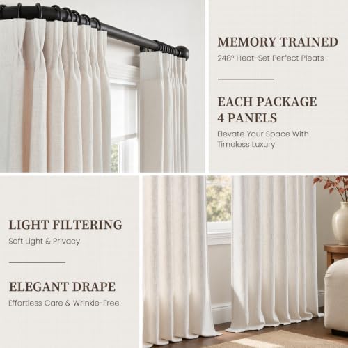 Topfinel Pinch Pleated Linen Curtains 108 Inchs Long Natural 4 Panels