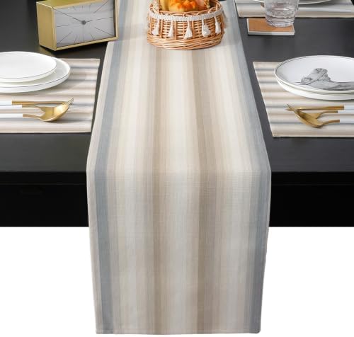 Brown Gray Striped Table Mats Set of 6 with Table Runner 90 Inches