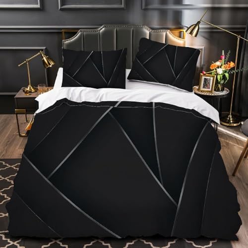 Black Geometric Duvet Cover Set King Size, Luxury Gray Lines Art