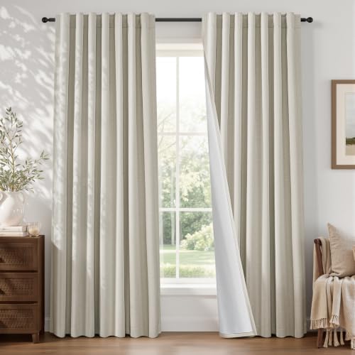 Oat Beige 84 Inch Luxury Linen Blackout Curtains for Bedroom 2 Panels